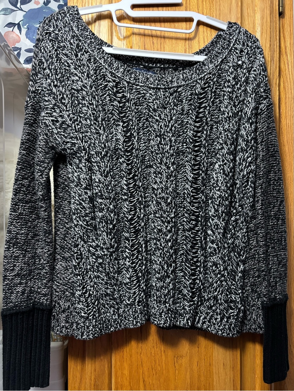 American Eagle Outfitters Black & White Marled Cable Crew Sweater